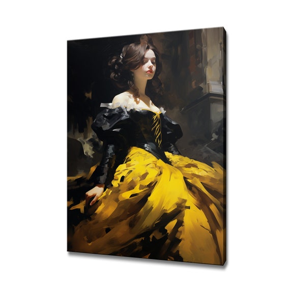 Elegant Lady In Black Yellow Victorian Baroque Puffy Dress Painting Style Print Modern Home Decor Fashion Wall Art Gift For Her