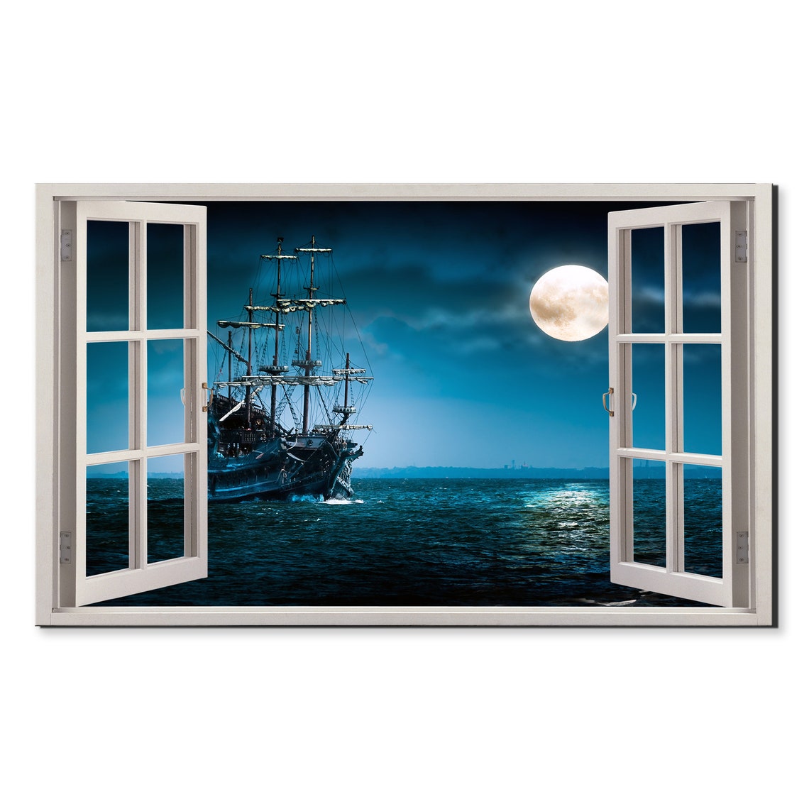 Pirate Ship Sailing Under Full Moon Night Ocean Window View Wall Art