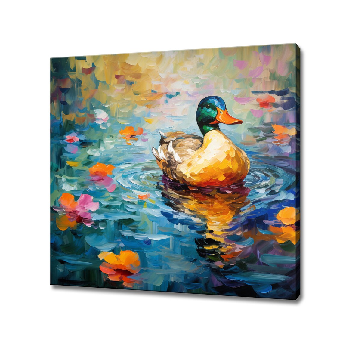 Mallard Drake Swimming Among Pink Water Lilies Painting Poster
