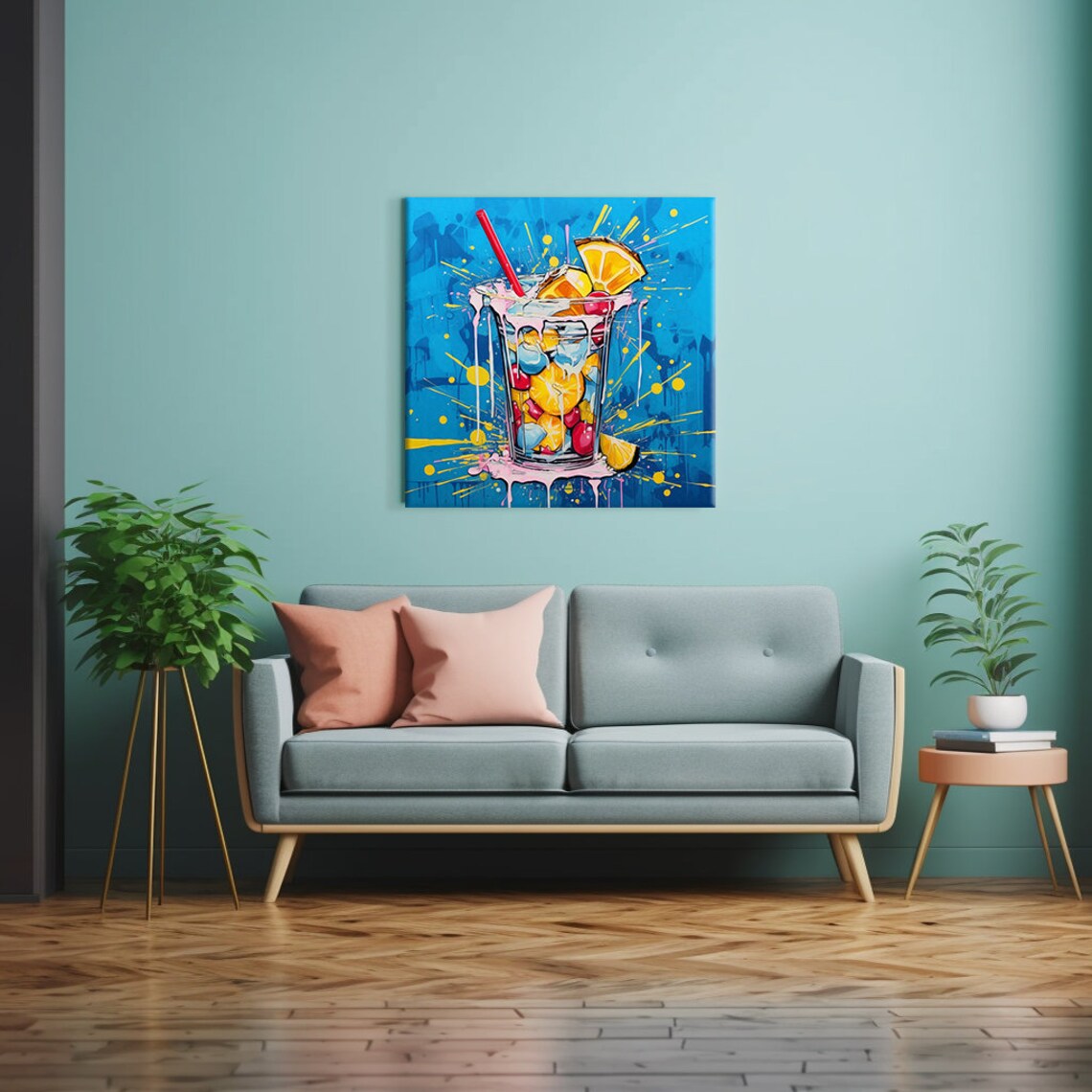 Colorful Fruity Cocktail Glass Pop Art Blue Bar Wall Decor Poster - Image 2