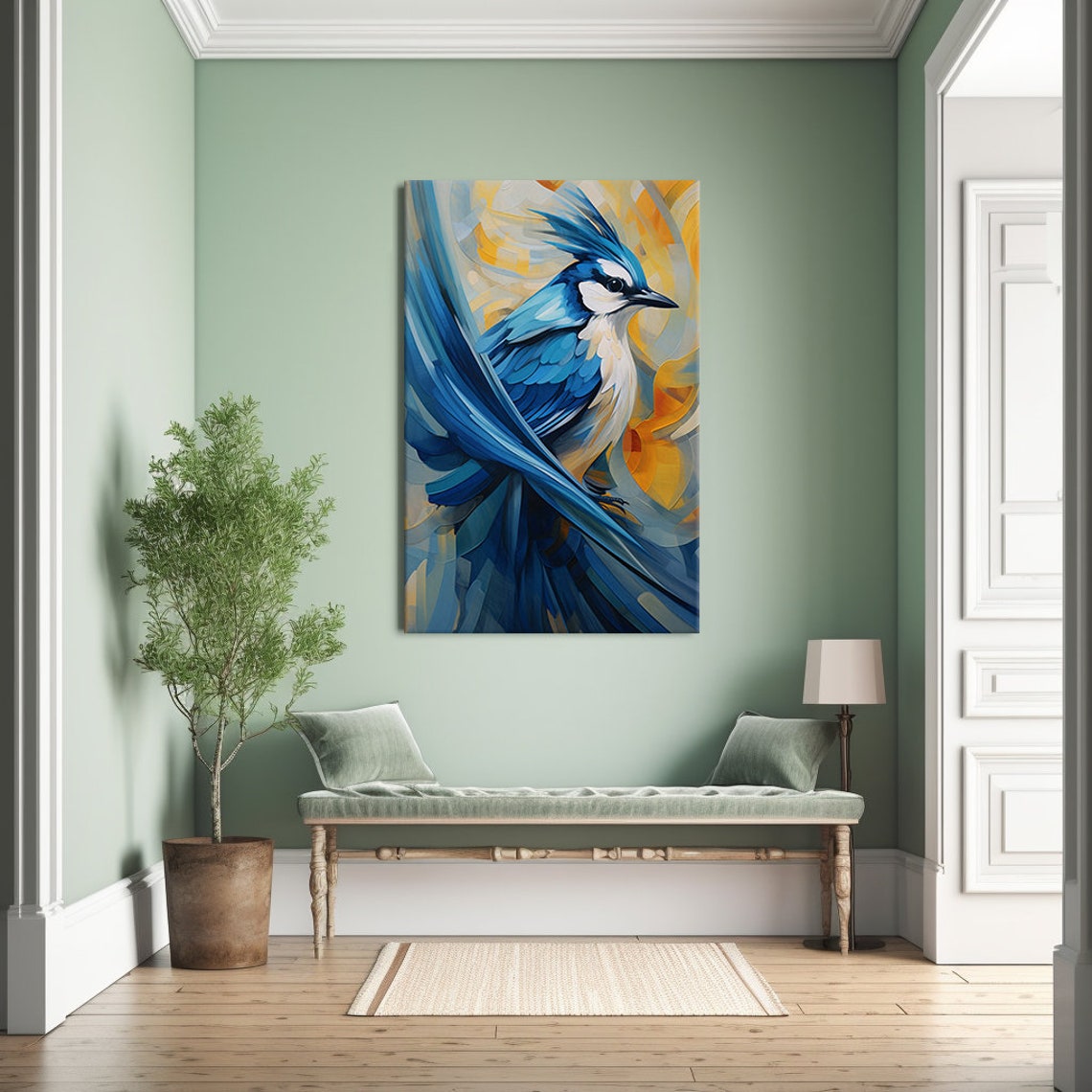 Blue Jay Bird Crested Blue Feathers Amber Swirl Abstract Art Print - Image 3