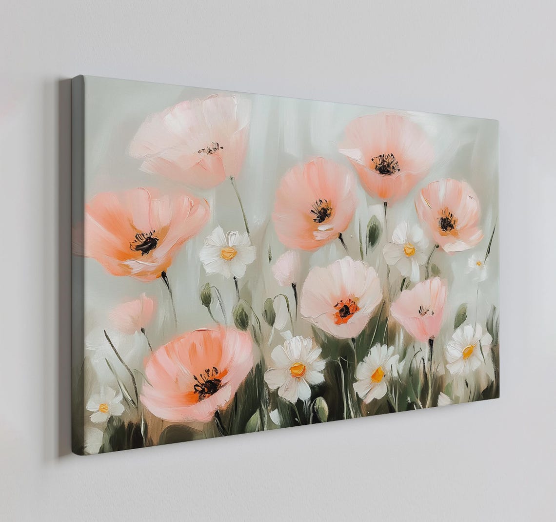 Peach Poppies And White Daisies Soft Oil Painting Floral Print