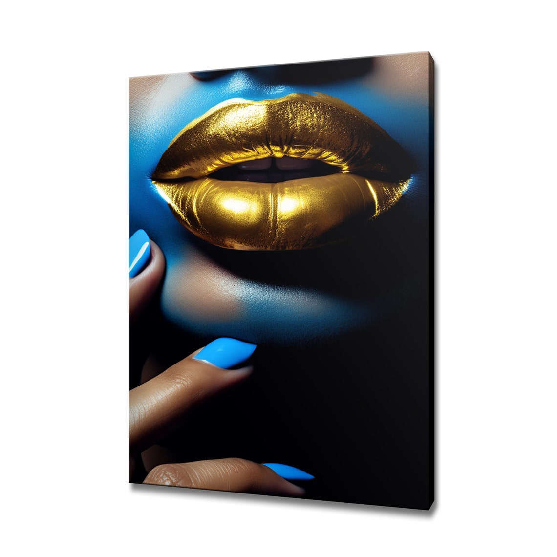 Shimmering Gold Lips on Dark Blue Beauty Portrait Fashion Art Poster