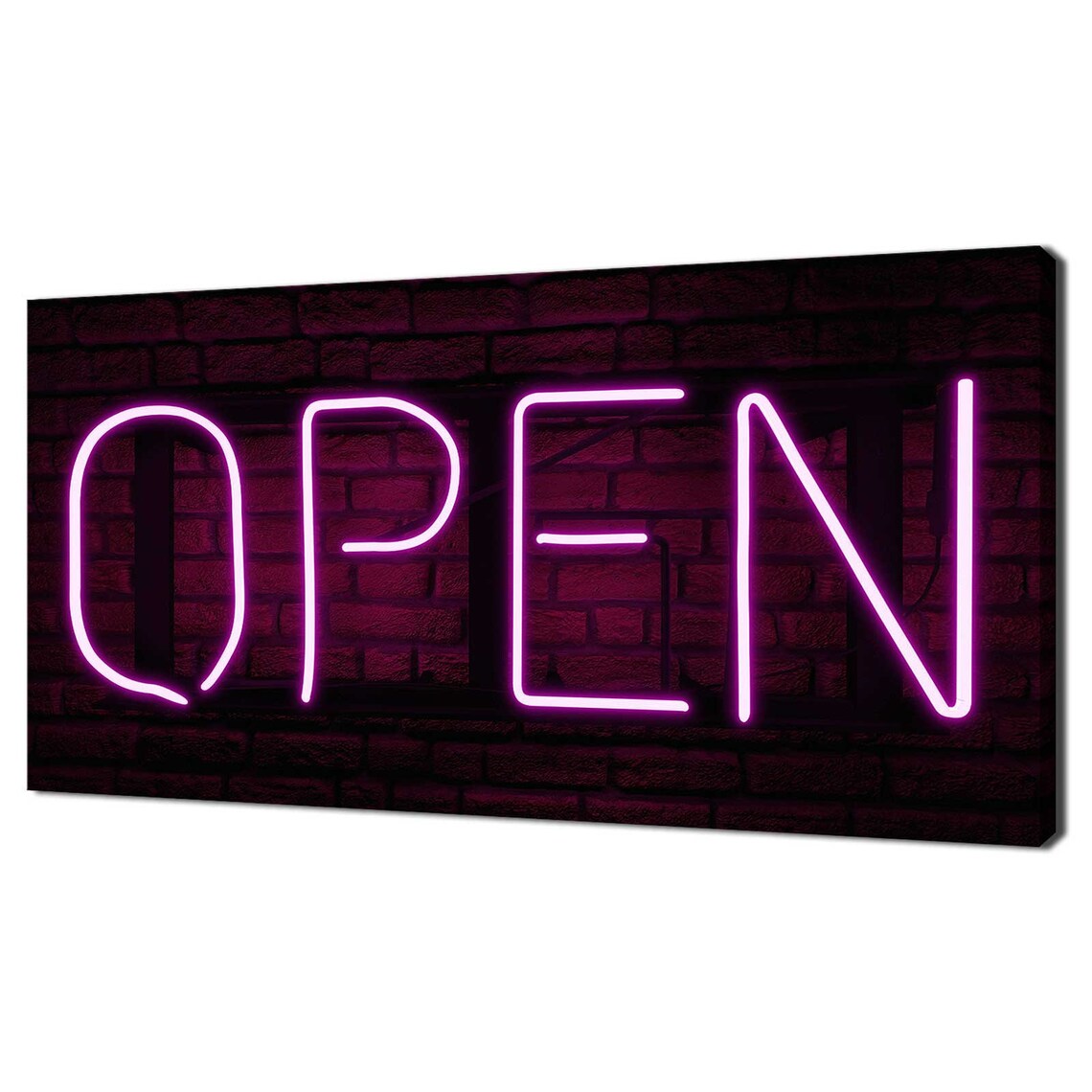 Pink Neon Open Sign on Dark Brick Wall Urban Photography Art Print