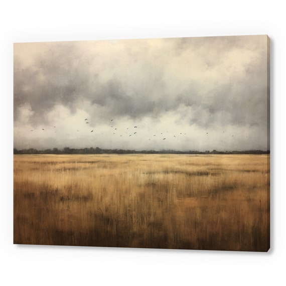 Vintage Country Landscape Cloudy Sky Birds Muted Moody Painting Style Print Farmhouse Decor Art Neutral Nature Picture Wall Hanging