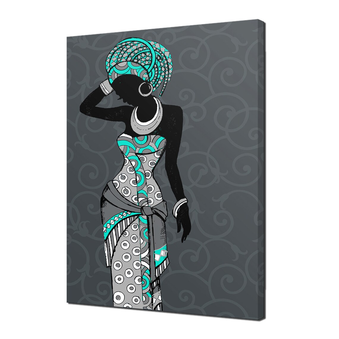 African Woman Traditional Dress Blue Grey Silhouette Elegant Art Print - Image 2