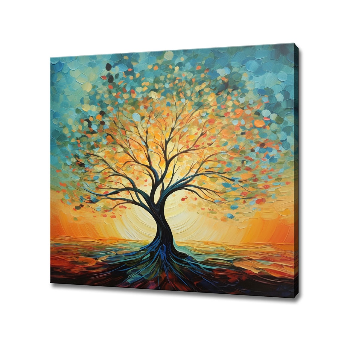 Tree Of Life Sunset Painting Rainbow Leaves Abstract Branch Poster
