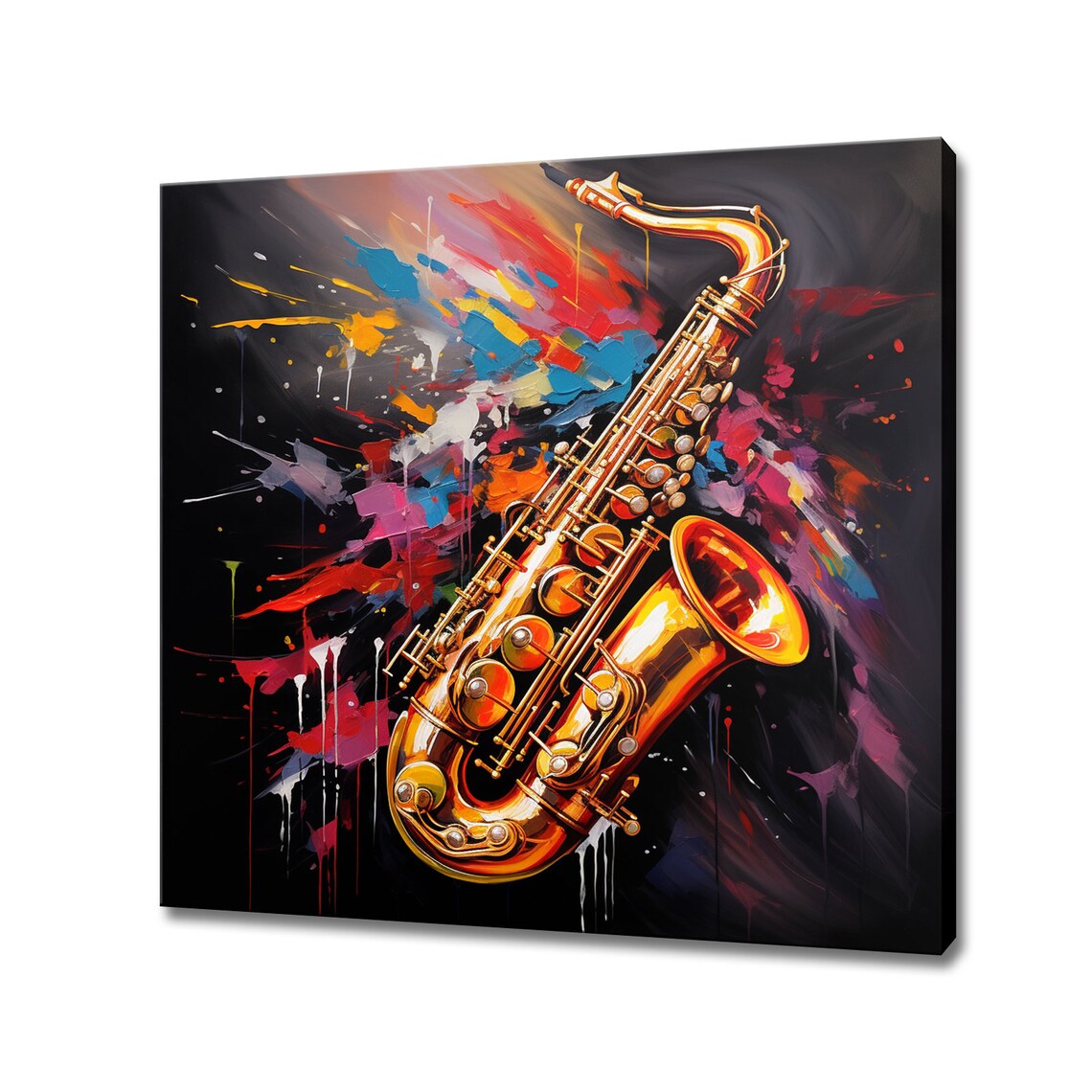 Golden Saxophone Painting With Colorful Paint Splashes Music Wall Art