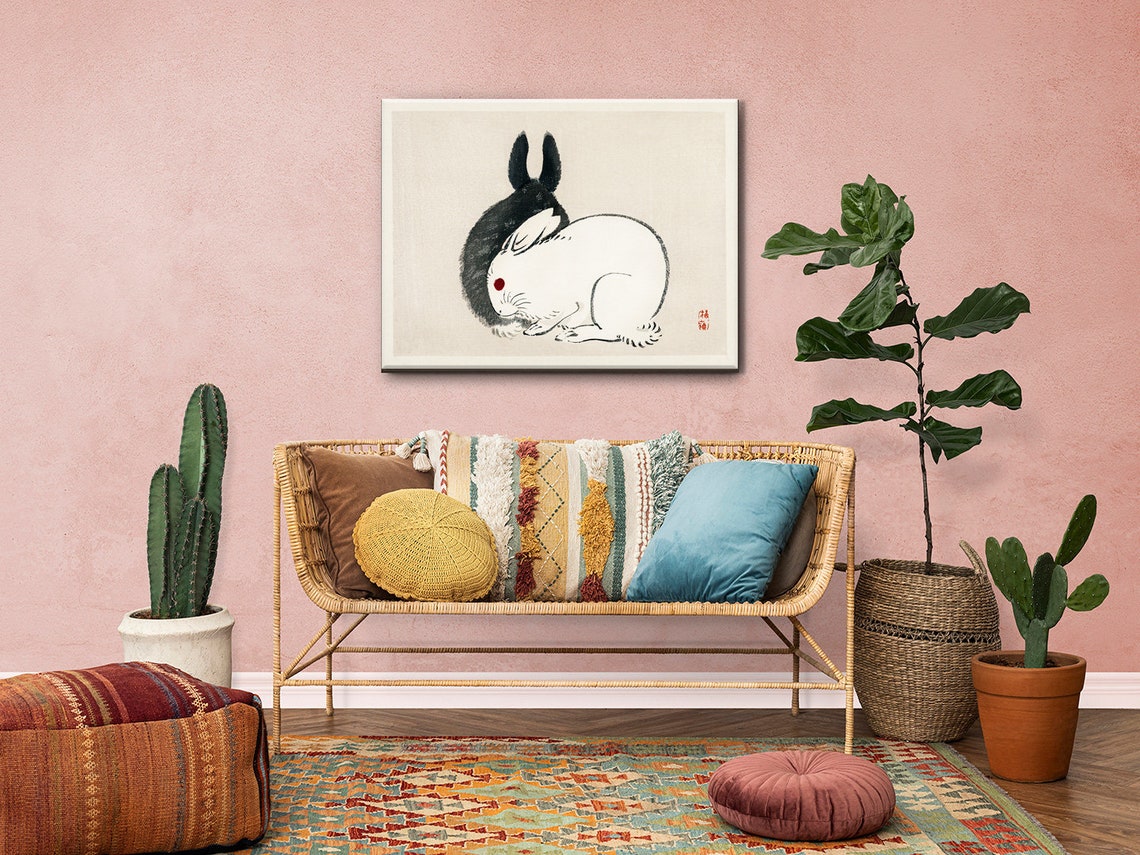 Kono Bairei Black and White Rabbits Japanese Woodblock Art Print - Image 2