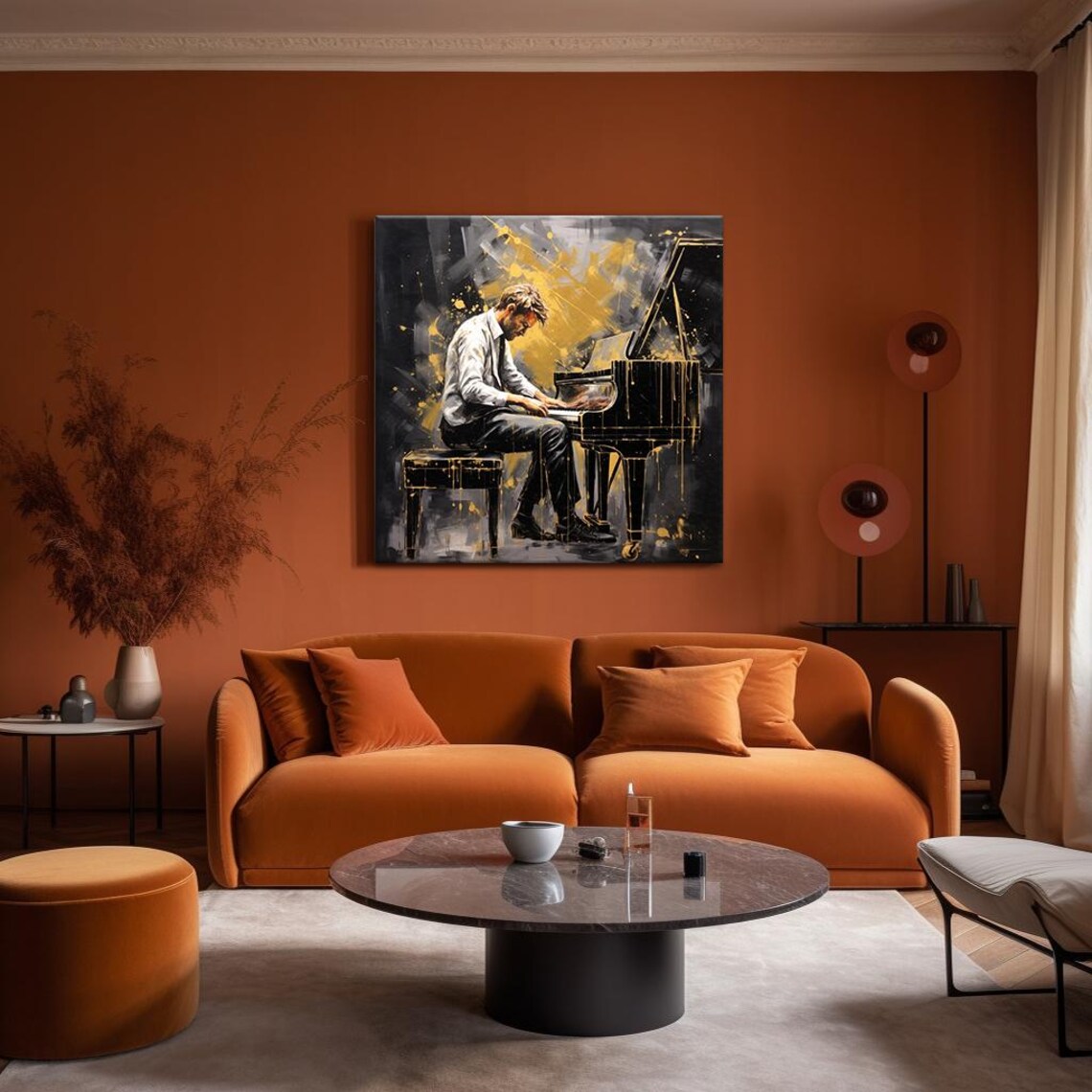 Pianist Playing Grand Piano Black Gold Painting Music Studio Art Poster - Image 4