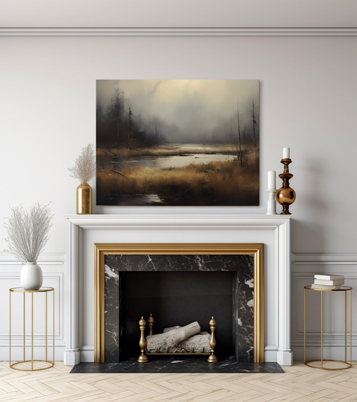 Dark Foggy Lake Bare Trees Misty Moody Wetland Painting Art Print - Image 3