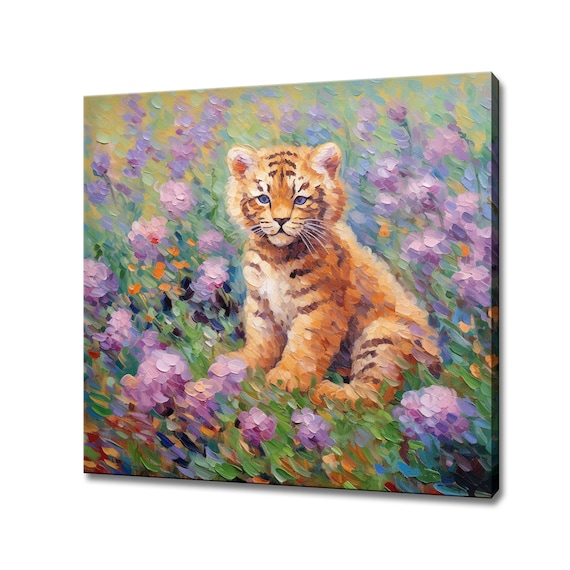 Baby Tiger Cub Sitting In Purple Wildflowers Colorful Impasto Poster