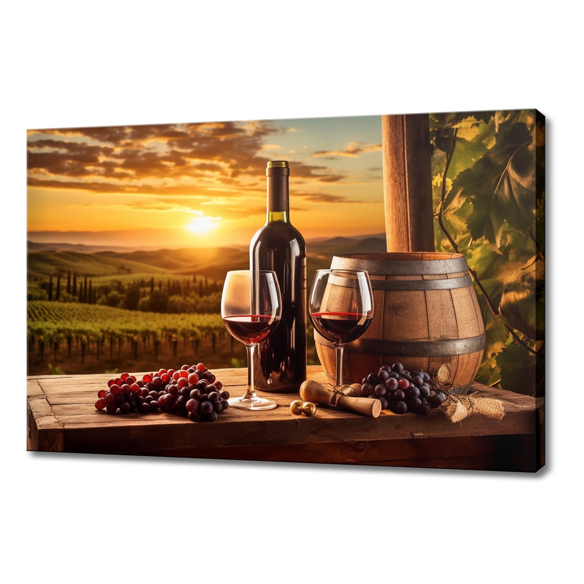 Wine Bottle Glasses Barrel And Grapes Vineyard Sunset Kitchen Poster