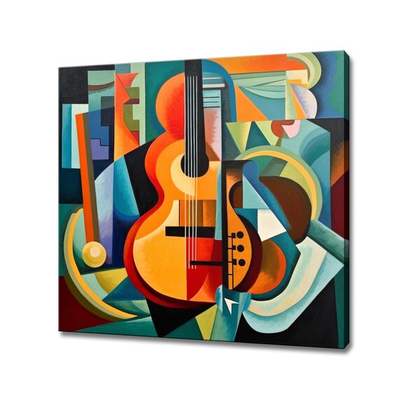 Cubist Acoustic Guitar Still Life Orange Teal Geometric Music Art Poster