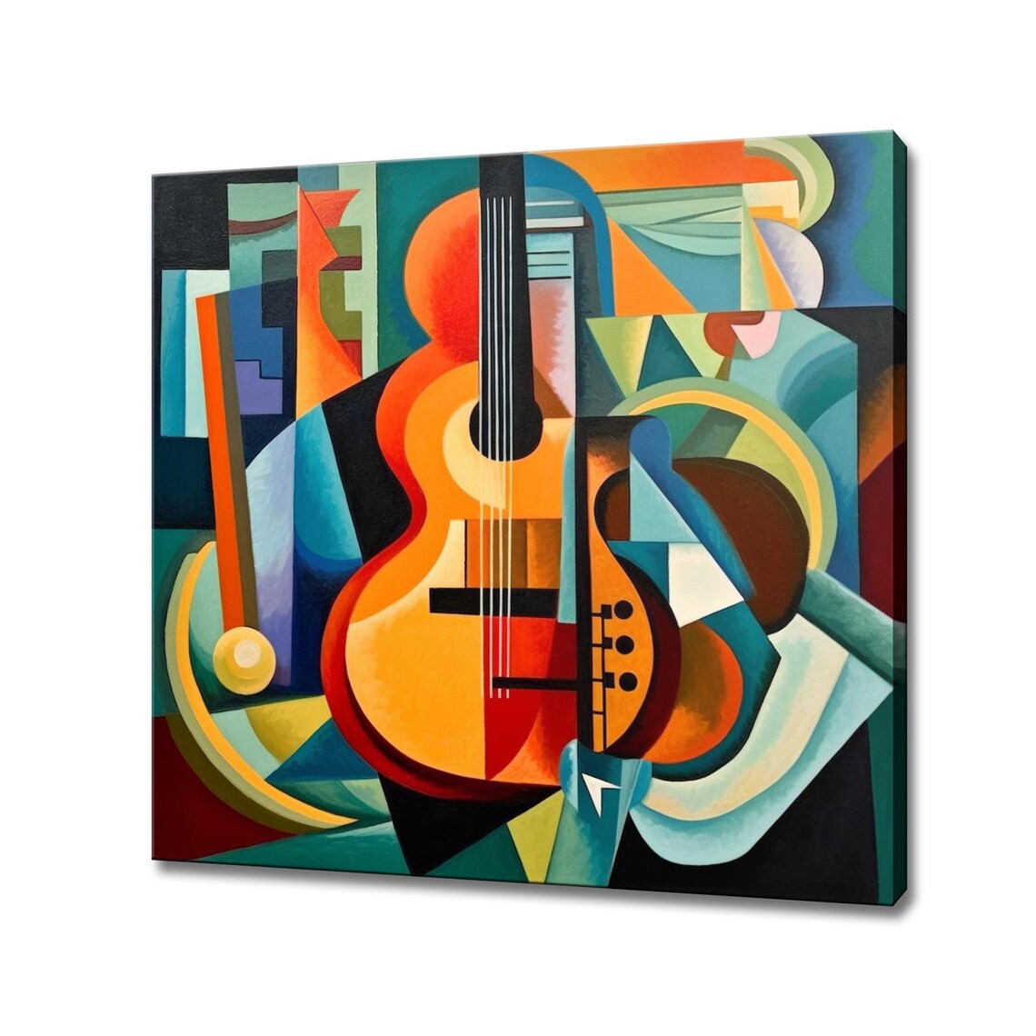 Cubist Acoustic Guitar Still Life Orange Teal Geometric Music Art Poster