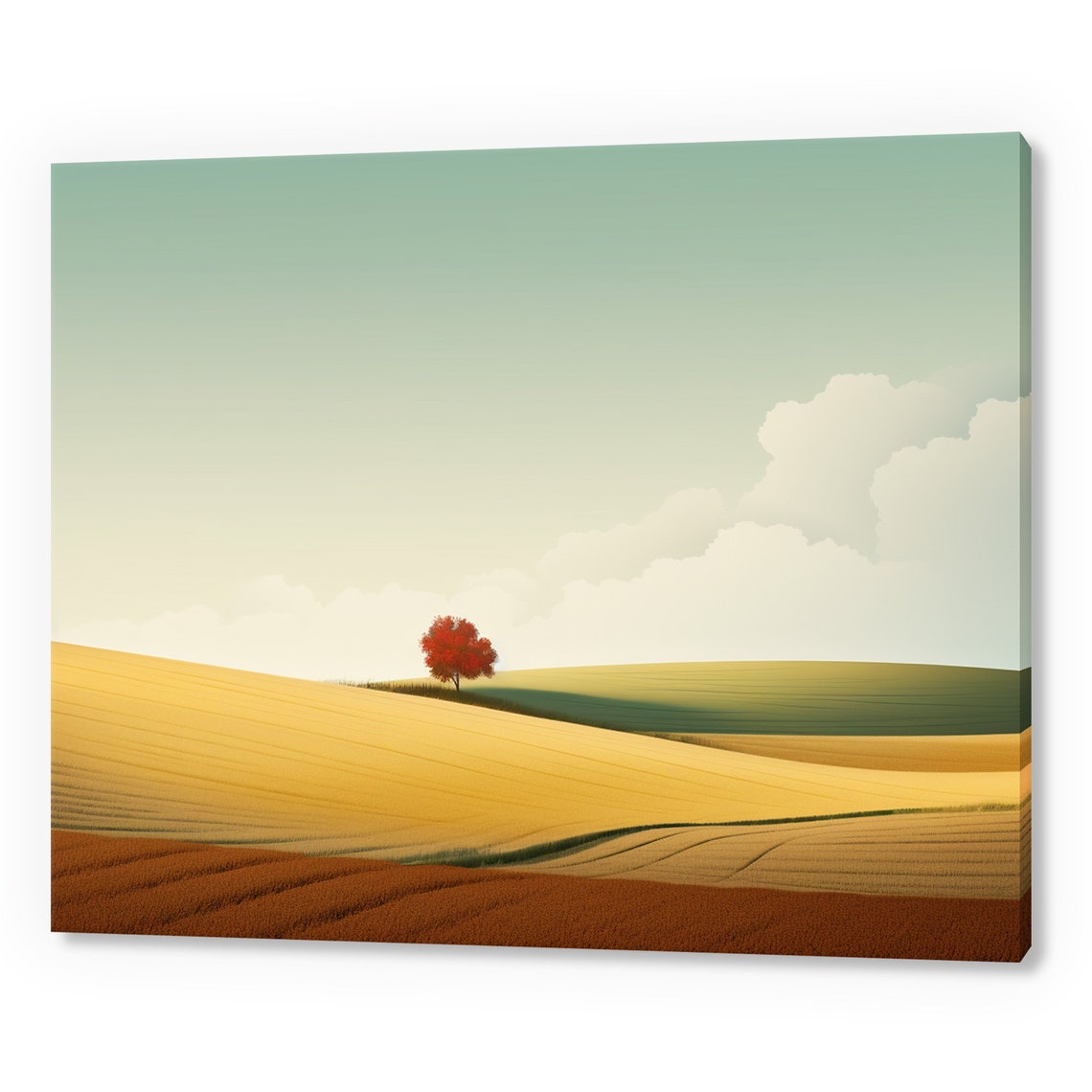 Lone Red Tree Golden Wheat Field Hills Minimalist Landscape Art Poster