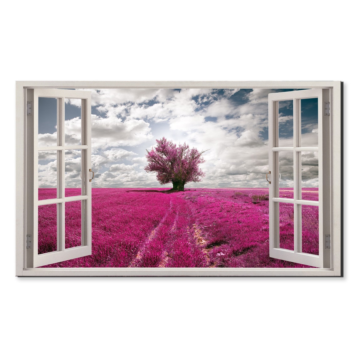 Lavender Field Lone Tree Purple Meadow Through Window Wall Art