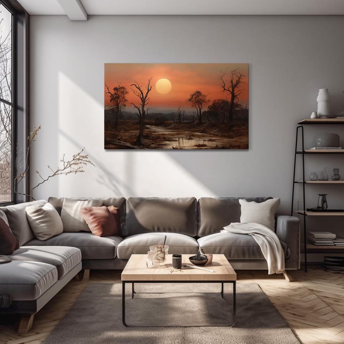 Red Sunset Over Wetlands Barren Trees Reflecting River Vintage Poster - Image 4