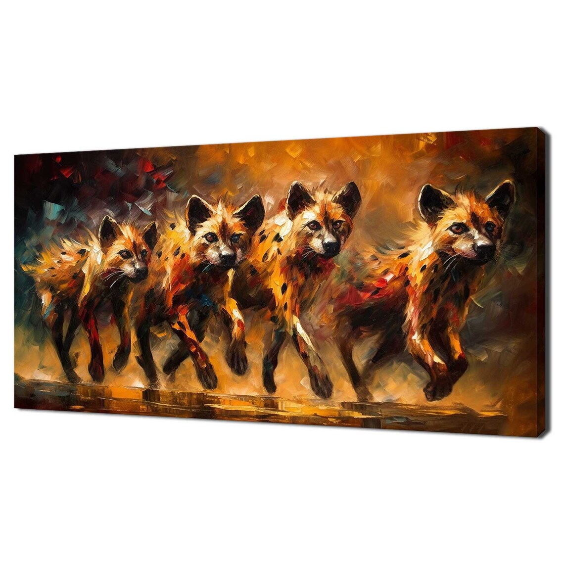 Spotted Hyenas Clan Running Bold Impasto Oil Painting Animal Poster