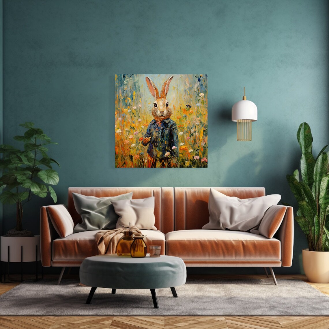 Rabbit In Denim Jacket Wildflower Meadow Cute Portrait Painting Poster - Image 2