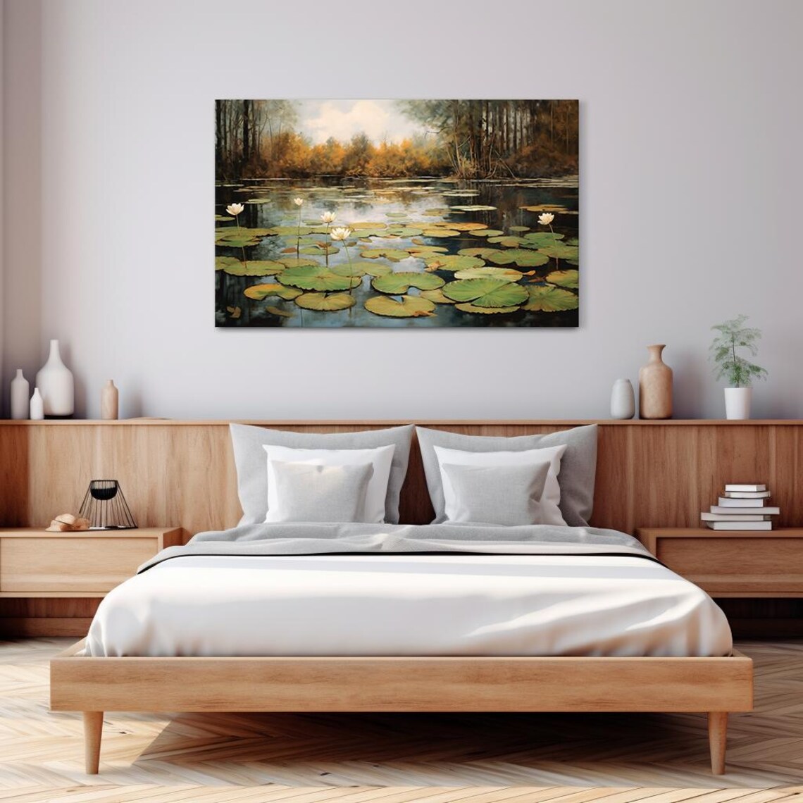White Water Lilies Pond Reflections Autumn Woodland Vintage Poster - Image 3