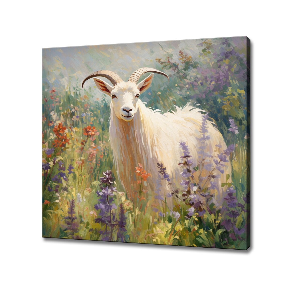 White Goat Portrait Colorful Wildflower Field Painterly Art Poster