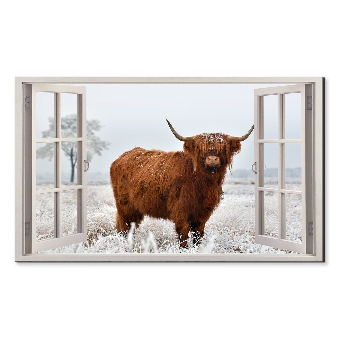 Scottish Highland Cow In Frosty Winter Field Open Window Art Poster