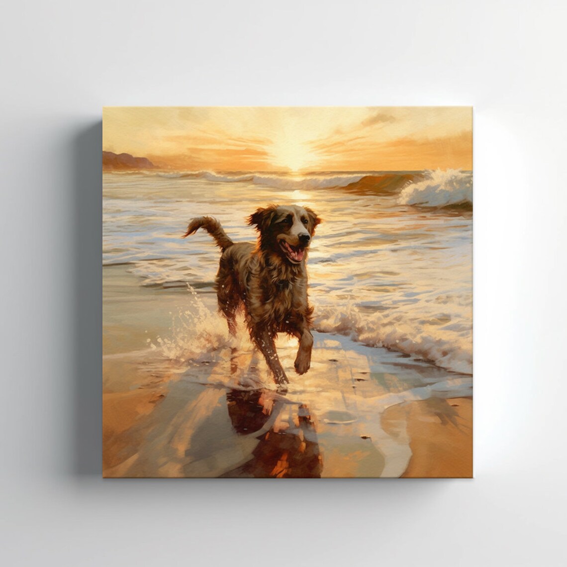Happy Dog Running On The Beach At Golden Sunset Painting Print - Image 4