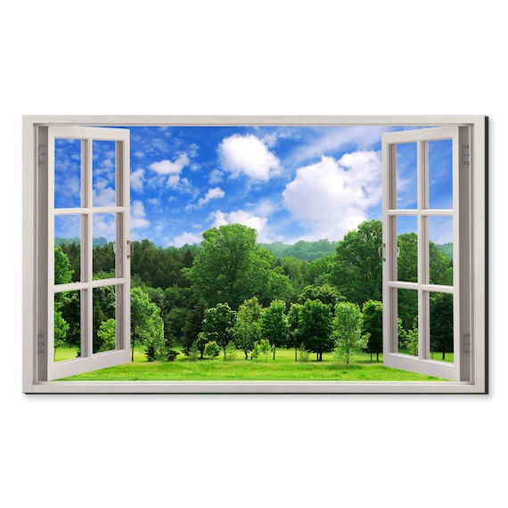 Green Forest Trees Blue Sky Window View Window Frame Style Modern Design Home Decor Print Wall Art Picture Ready To Hang