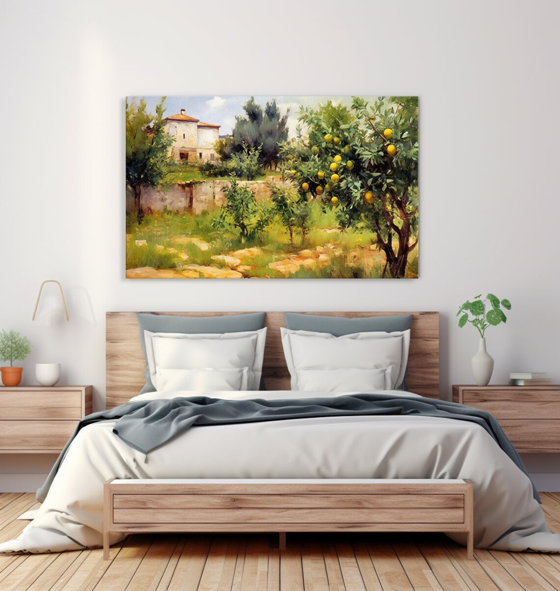 Lemon Tree Orchard With Old Farmhouse Vintage Oil Painting Wall Art - Image 2