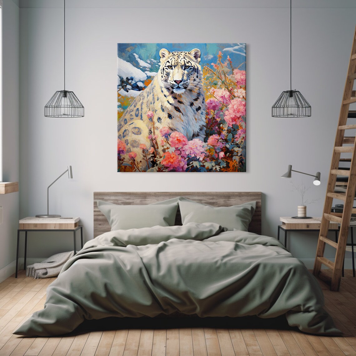 Snow Leopard Among Pink Blossoms Colorful Big Cat Wildlife Poster - Image 2