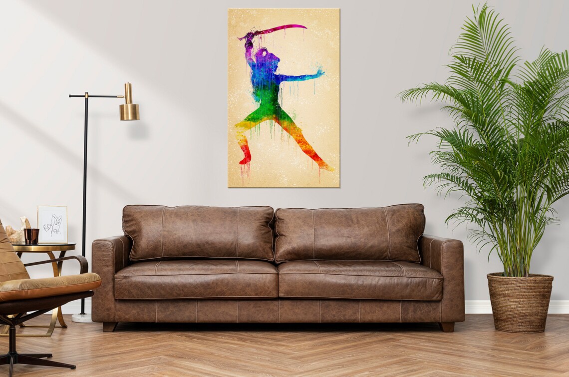 Rainbow Watercolor Female Warrior Raising Sword Silhouette Art Poster - Image 2