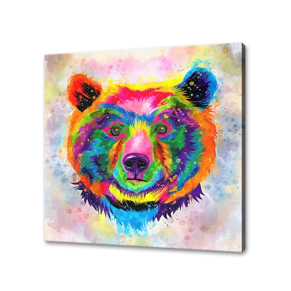 Brown Bear Head Portrait Rainbow Watercolour Colourful Wildlife Art Poster