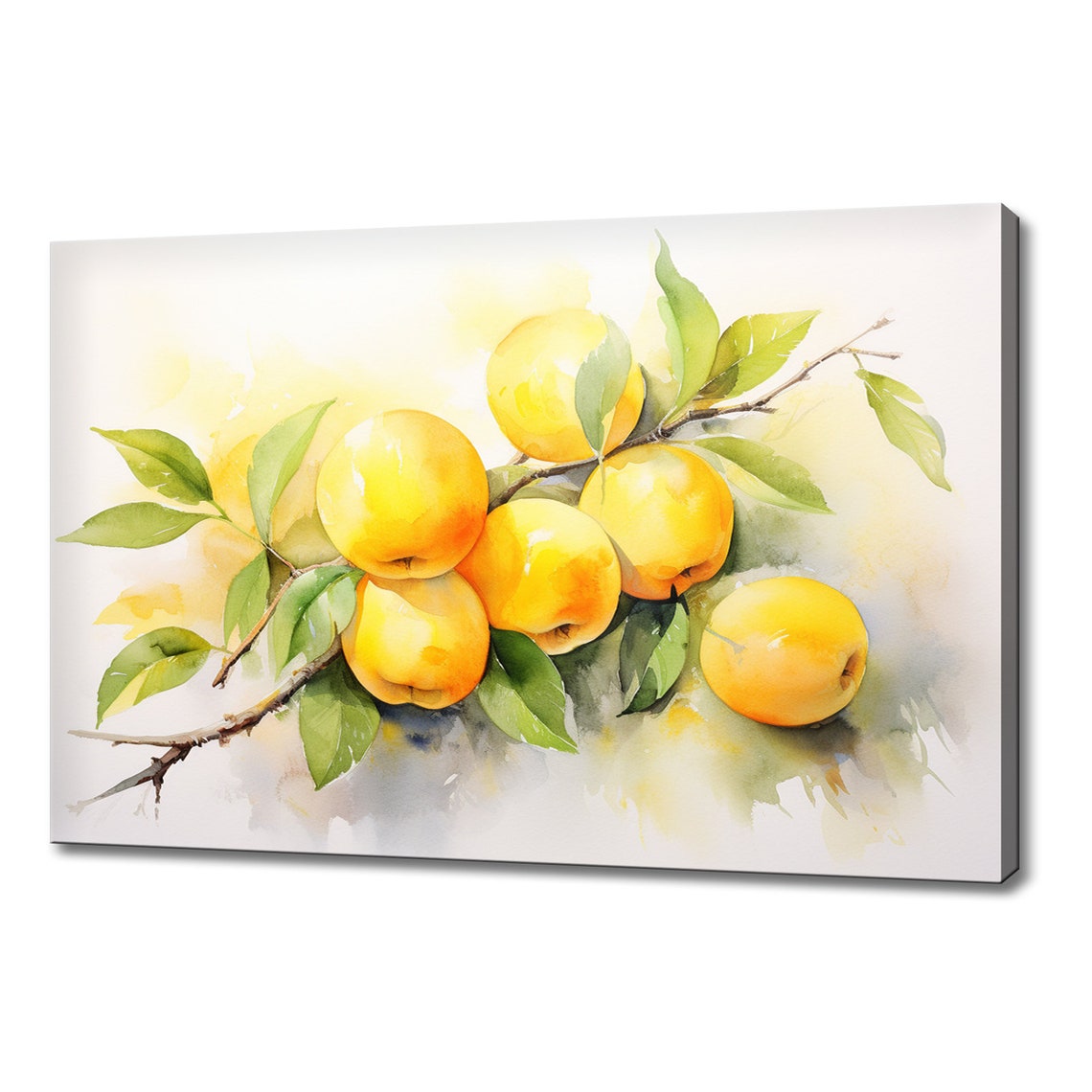 Yellow Plums Watercolor Branch Leaves Kitchen Wall Art Print