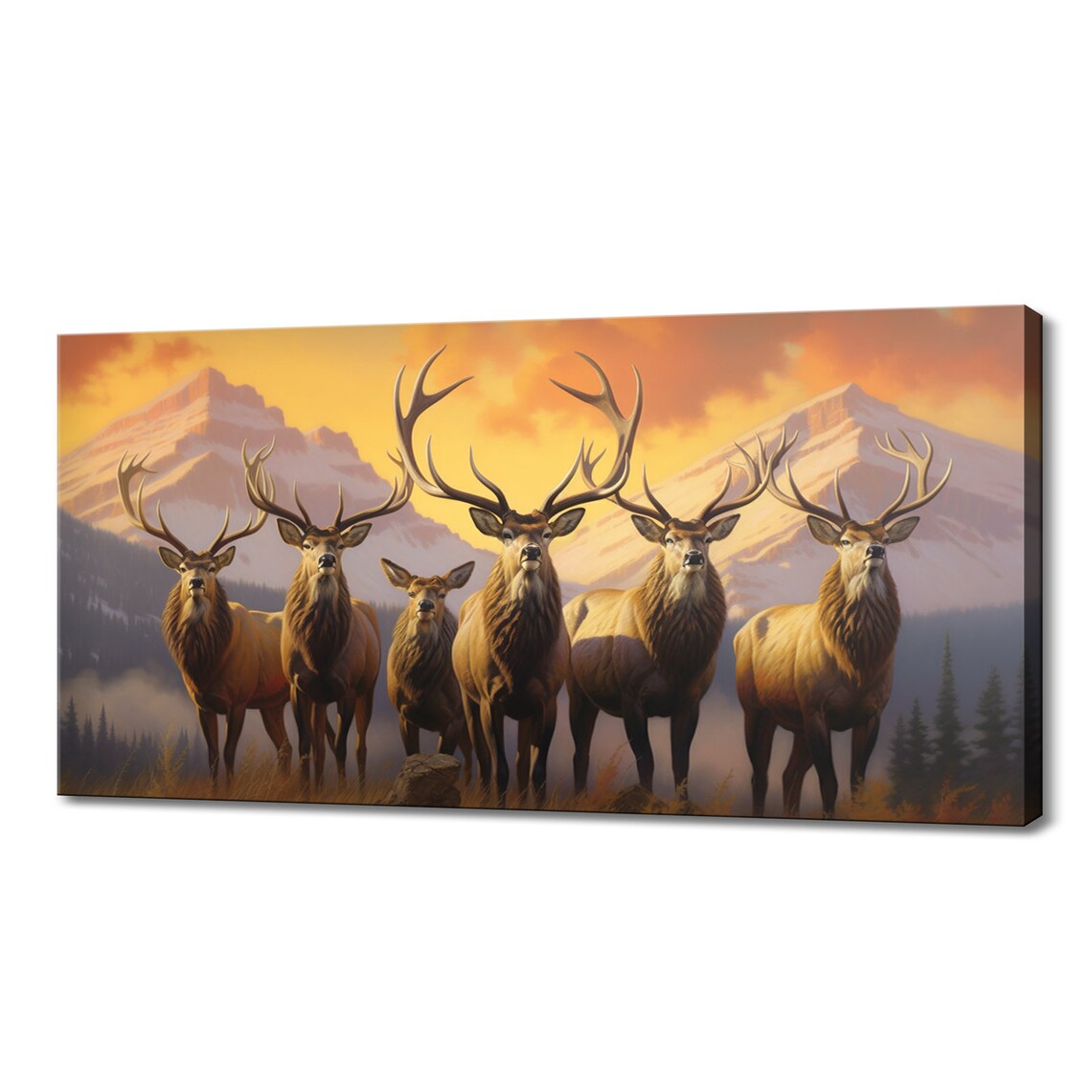 Elk Stags Mountain Meadow Sunset Snowy Peaks Painted Wildlife Animal Poster