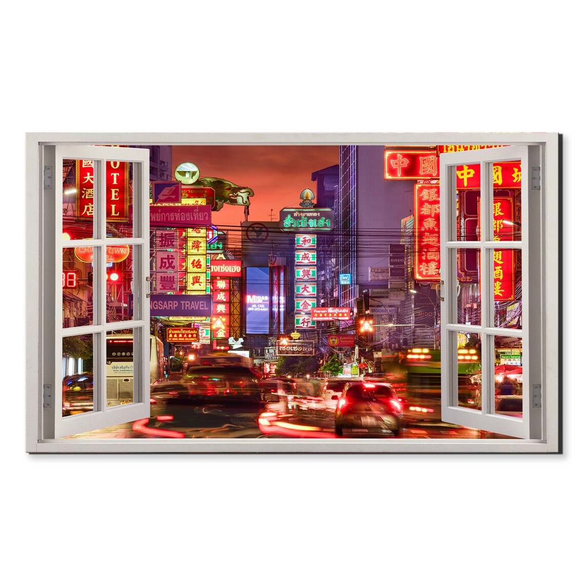 Bangkok Chinatown Night Neon Signs Yaowarat Street Traffic Glow Poster