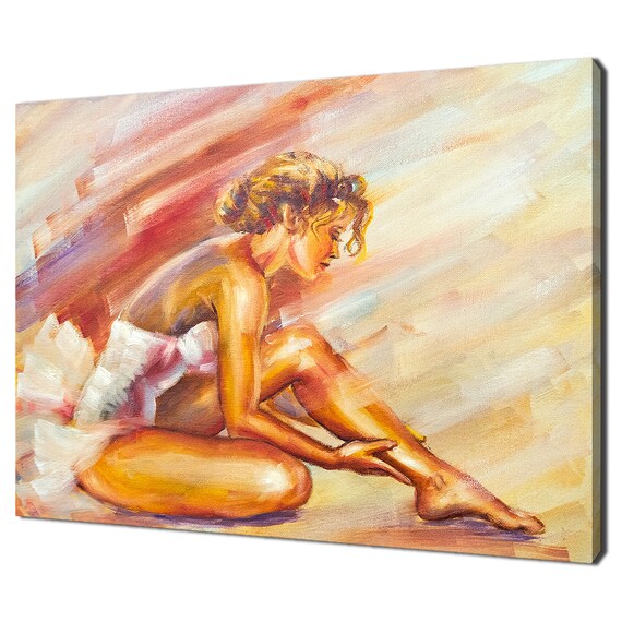 Sitting Ballerina Dancer White Tutu Warm Oil Painting Elegant Wall Art