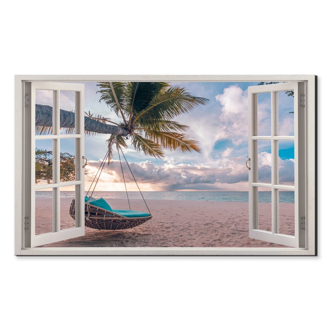 Tropical Beach Sunset Palm Tree Hanging Swing Chair Window View Poster