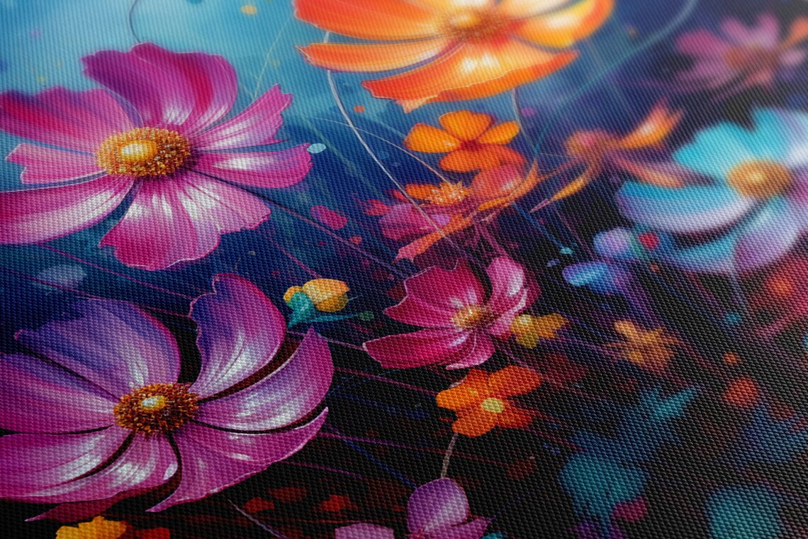 Cosmos Flower Meadow Pink Orange Blue Blooms Golden Centre Art Poster - Image 3