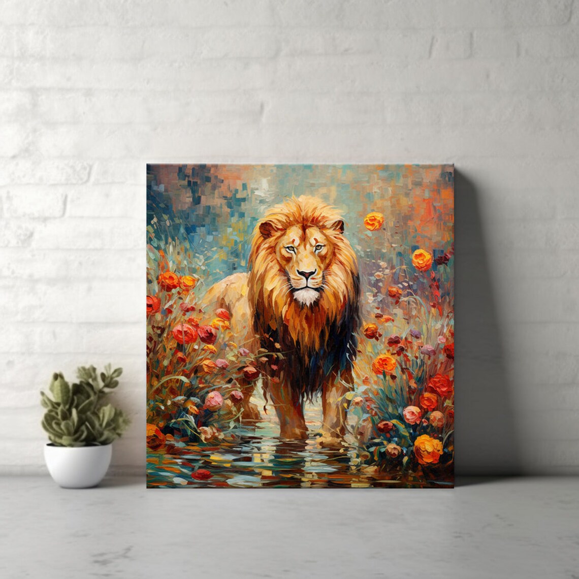 Majestic Lion With Golden Mane Wading Through Wildflowers Poster - Image 4