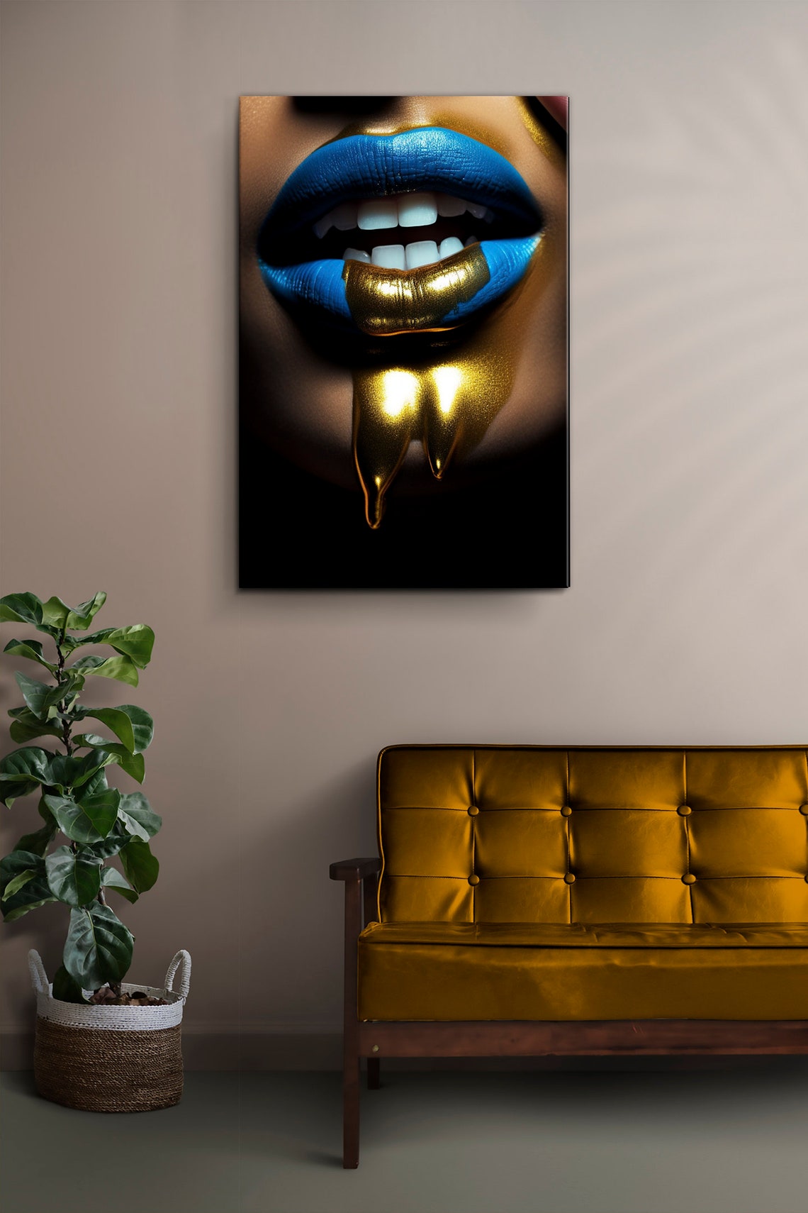 Blue Lips with Dripping Gold Makeup Avant Garde Beauty Art Wall Poster - Image 2