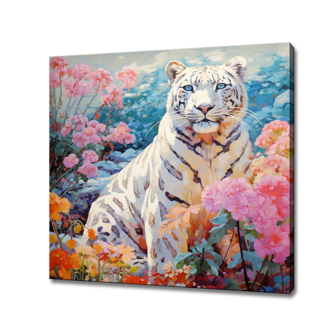 White Tiger Colourful Portrait Painting Flowers Big Cat Wall Art Print Poster