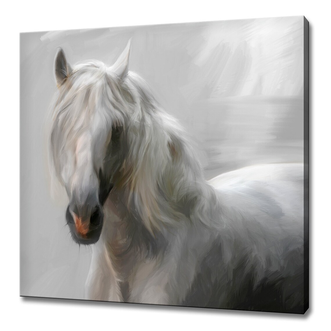 White Andalusian Horse Portrait Soft Grey Oil Painting Style Poster