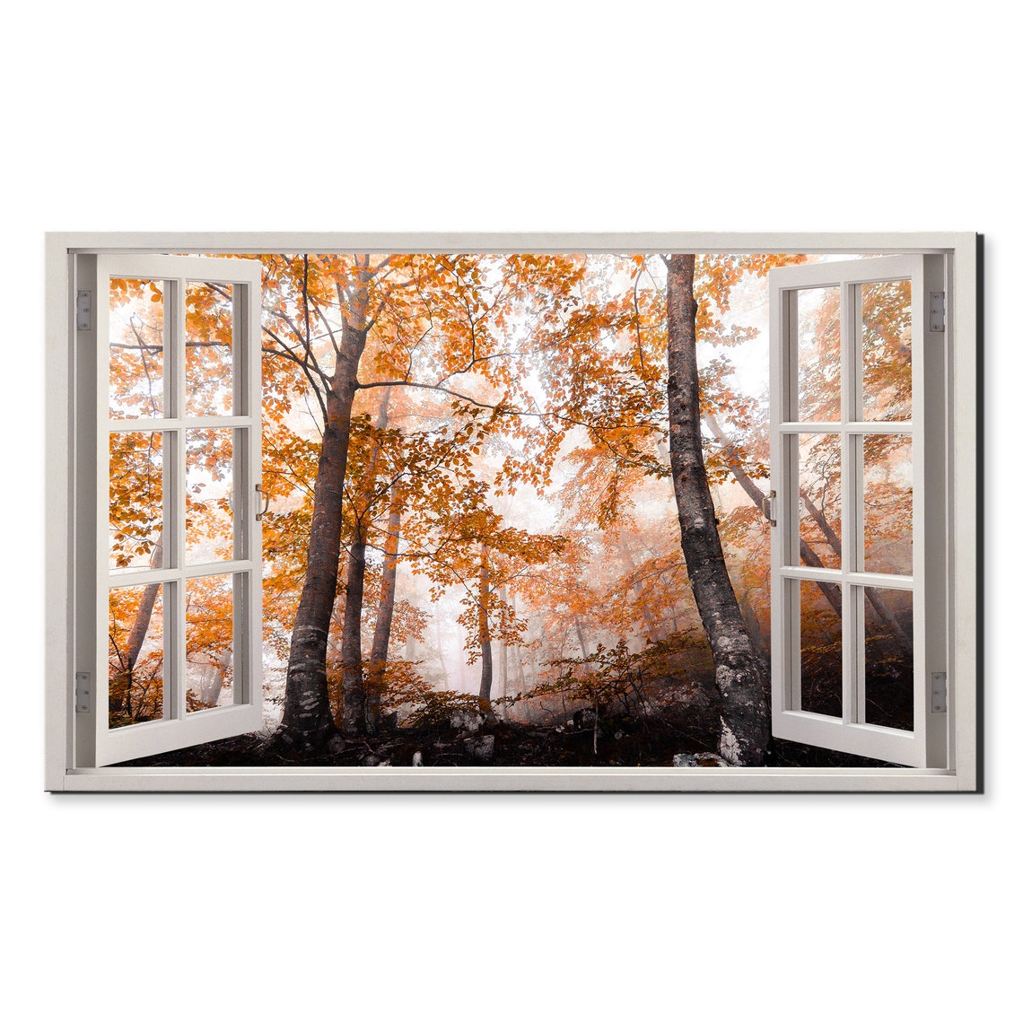 Misty Autumn Forest Open Window Trompe Loeil Nature Travel Poster