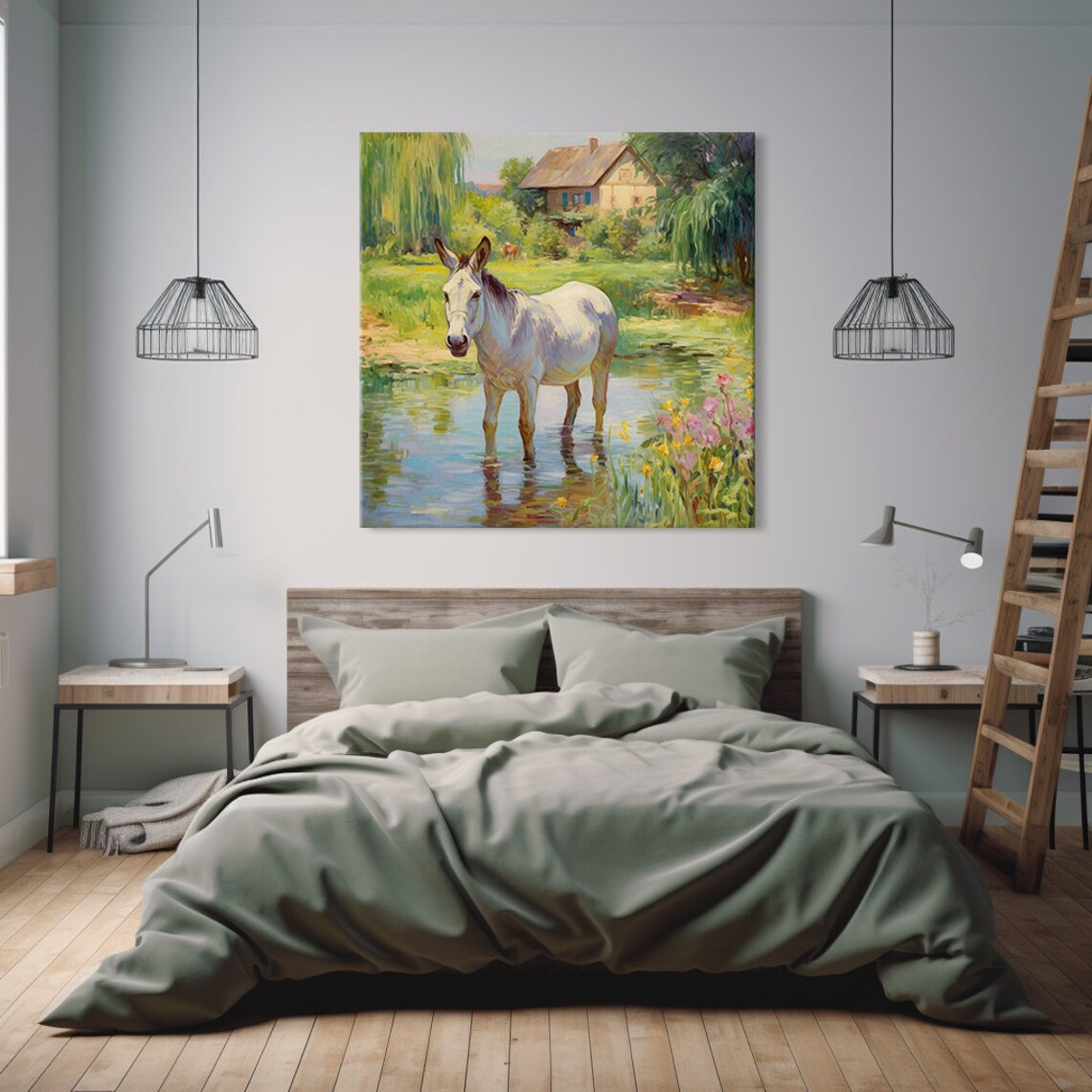 White Donkey Standing In Pond Farmhouse Countryside Wall Print - Image 2
