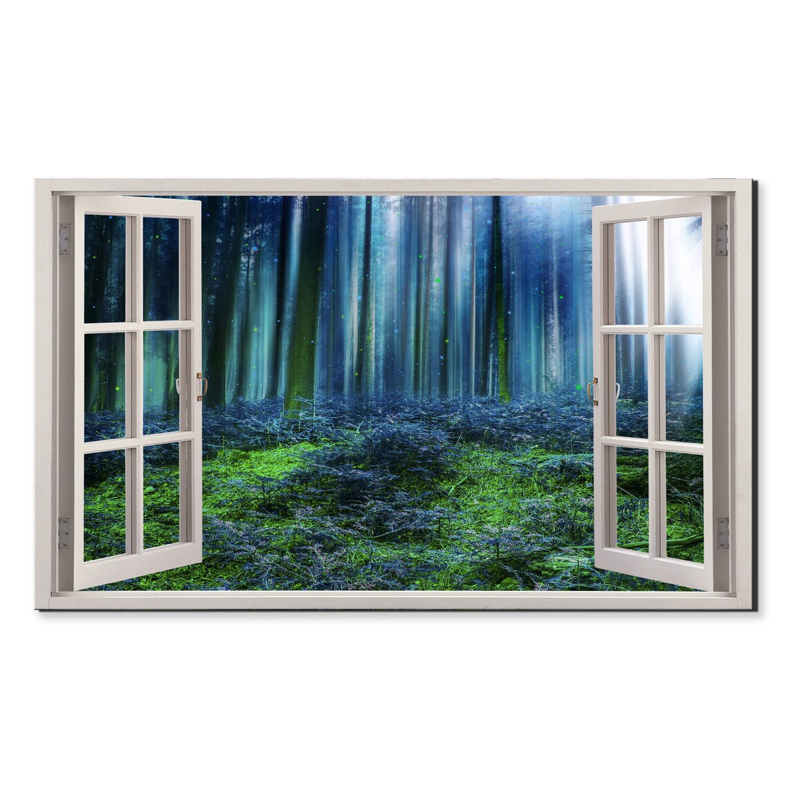 Blue Green Magical Forest Window View Window Frame Style Modern Design Home Decor Print Wall Art Picture Ready To Hang