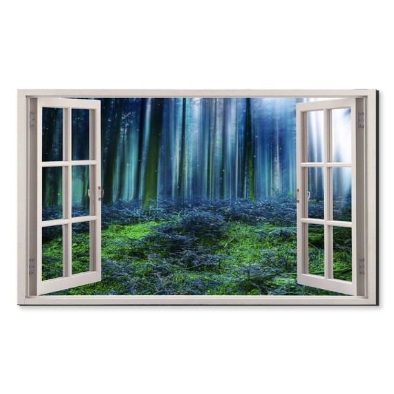 Blue Green Magical Forest Window View Window Frame Style Modern Design Home Decor Print Wall Art Picture Ready To Hang