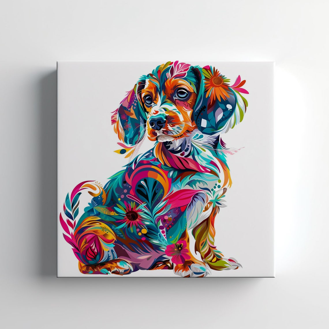Cute Beagle Dog Puppy Floral Print Gift For Beagle Dog Lover Colourful Dog Pet Portrait Painting Print Kids Room Nursery Wall Art