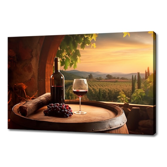 Red Wine Bottle Glass And Grapes On Barrel At Sunset Vineyard Wall Art