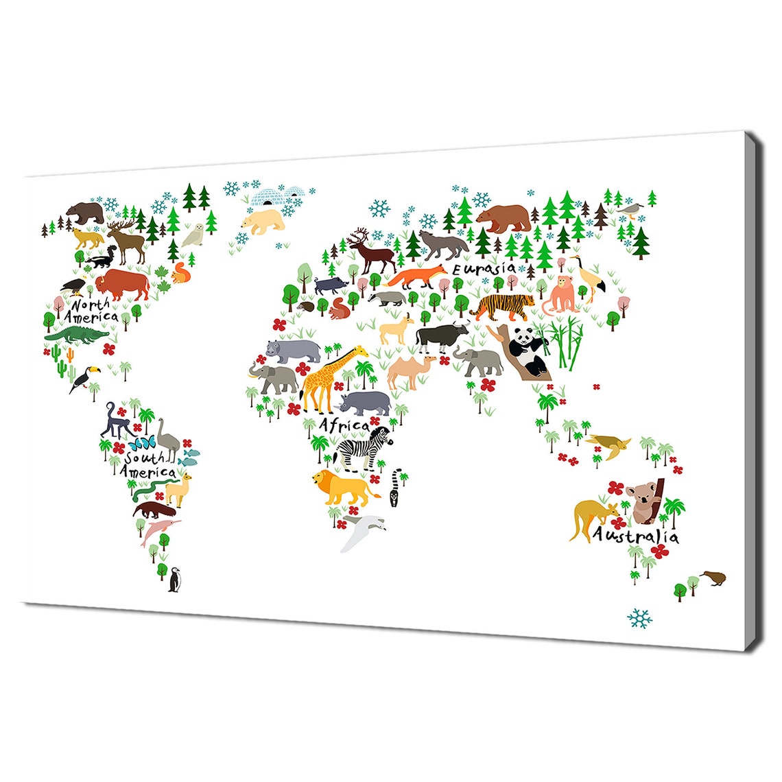 Cute Animals World Map Kids Nursery Room Educational Wall Poster